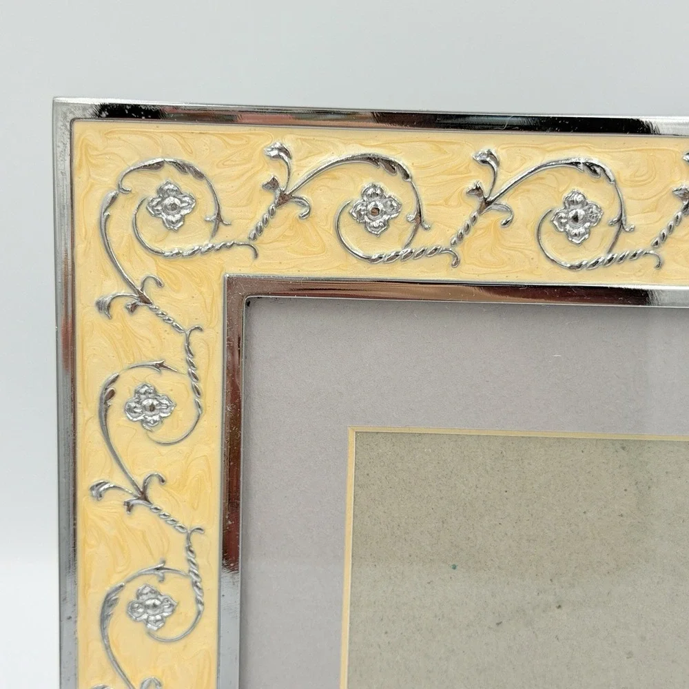 Silver Tone Yellow Enamel Floral Scroll Picture Frame 3x5 5x7 Ornate Cottage